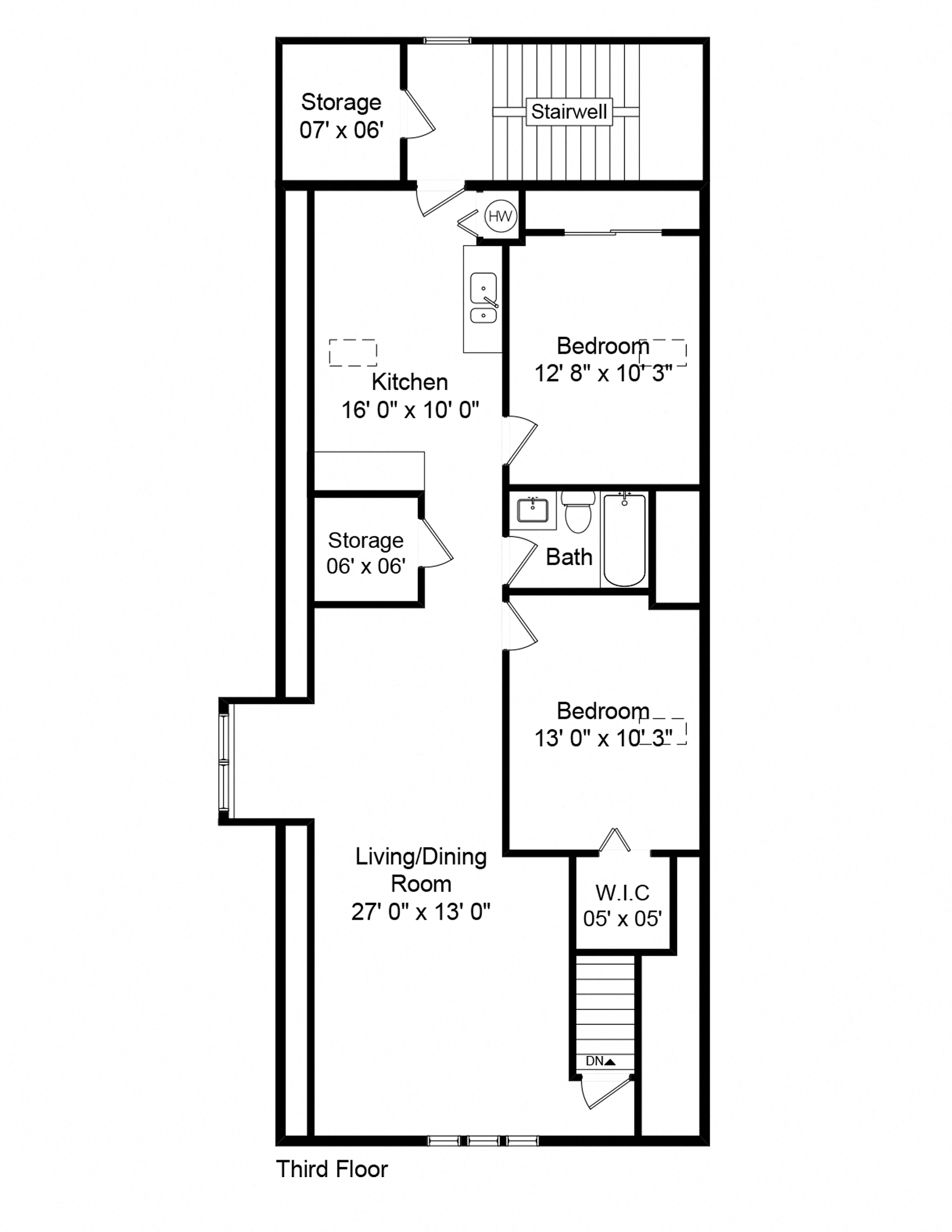 Floor plan for 2 beds, 1 bath, 850 sqft